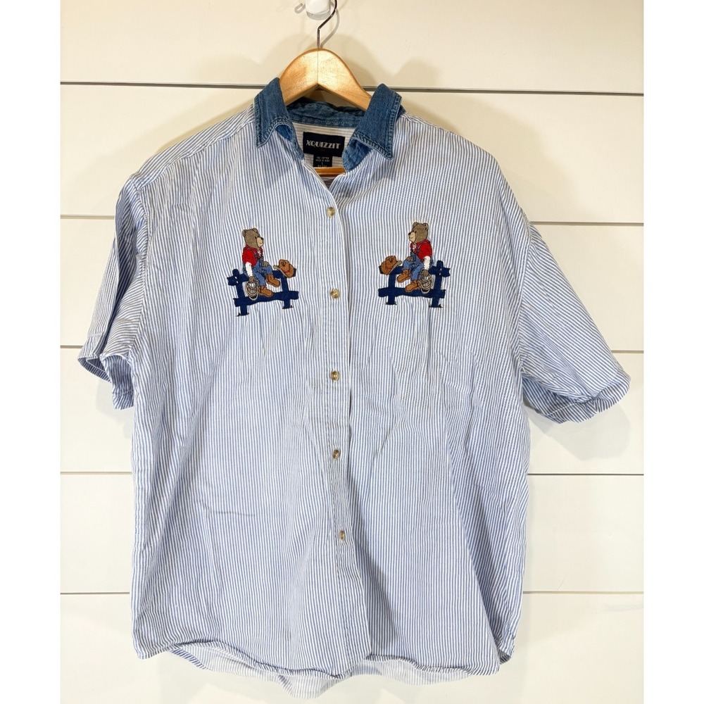 VTG Xquizzit Cowboy Denim‎ Striped Shirt Teddy Bear Americana Size L Button Up
